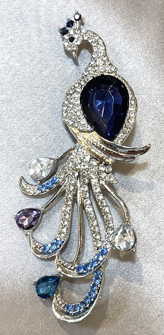 Silver Blue Glass Rhinestone Peacock Bird Brooch Style Pin Statement